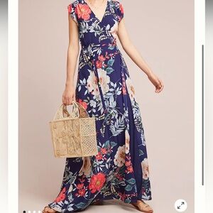Anthropologie Yumi Kim Bora Bora Swept Away Silk Wrap Maxi Dress M Navy Boho